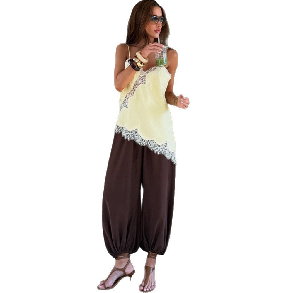 Women airy spaghetti strap shirt with romantic lace embellishment Mune Fashion