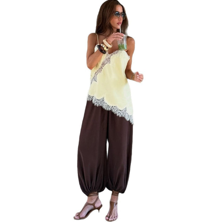 Women airy spaghetti strap shirt with romantic lace embellishment Mune Fashion