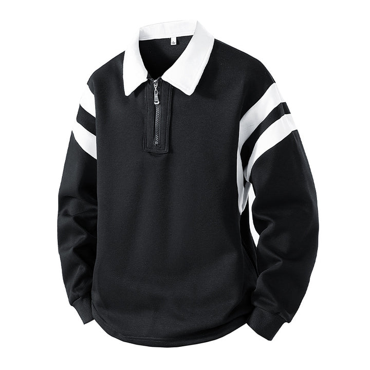 Men's Retro Sporty Rugby Pullovers with Half High Zipper and Contrasting Shirt Collar Mune Fashion