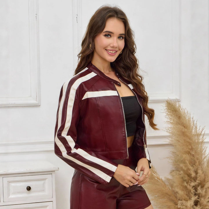 Women's short jacket made of faux leather in racing look with contrast stripes and stand-up collar Mune Fashion