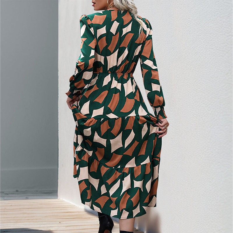 Women's Long Tiered Maxi Dress with Graphic Print, V-Neck, Drawstring Waist and Gathered Cuffs Mune Fashion