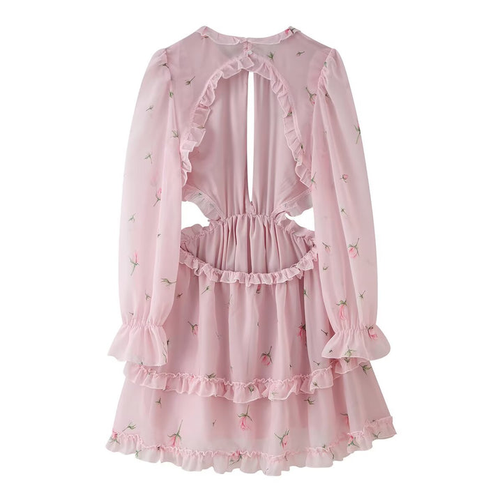 Women's Romantic Chiffon Mini Dress with Waist Cutouts, Ruffles and Puff Sleeves Mune Fashion