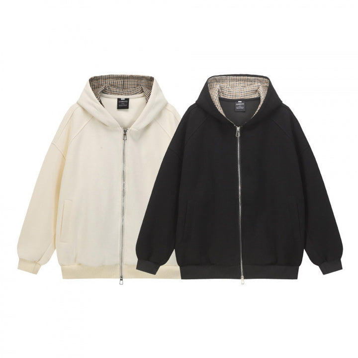 Unisex Oversize Hooded Sweat Jacket with Checked Lining, Full Zip and Ribbed Hem Mune Fashion