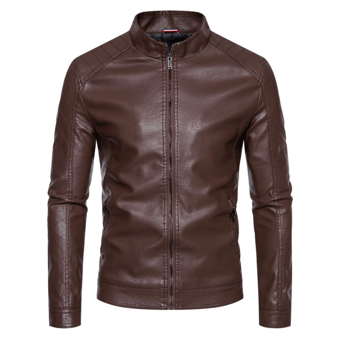 Men's fitted faux leather biker jacket with stand-up collar and quilted sleeve detail Mune Fashion
