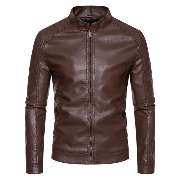 Men's fitted faux leather biker jacket with stand-up collar and quilted sleeve detail Mune Fashion