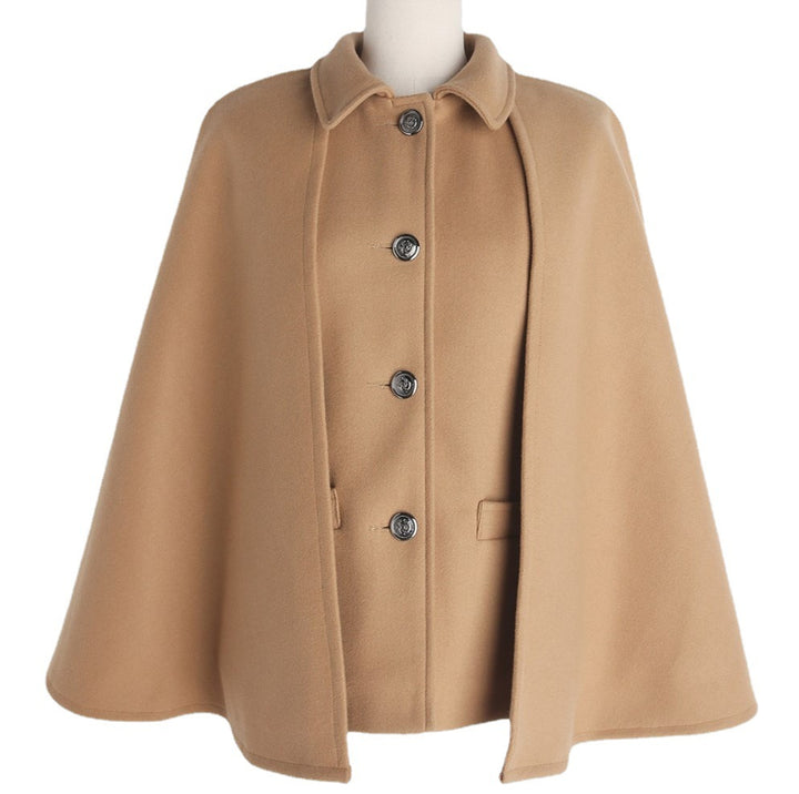 Women's Short Wool Blend Cape Coat with Shirt Collar and Patch Pockets Mune Fashion