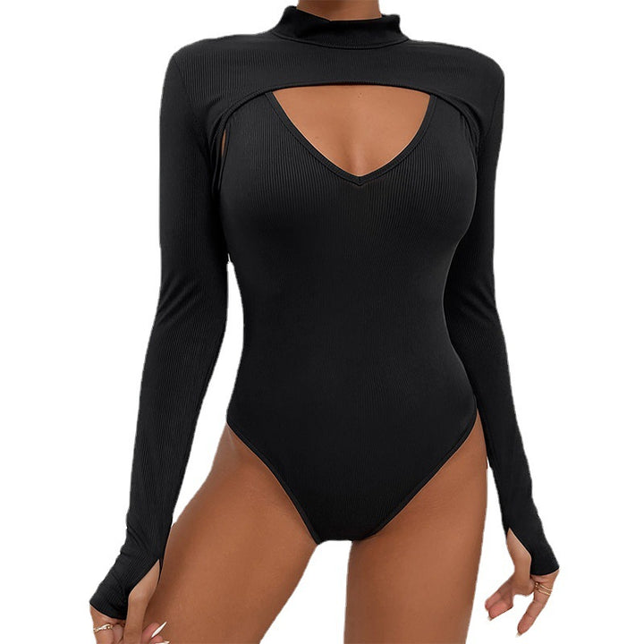 Women Figure-hugging Ribbed Bodysuit with Cut-Out, Stand-up Collar and Long Sleeves Mune Fashion