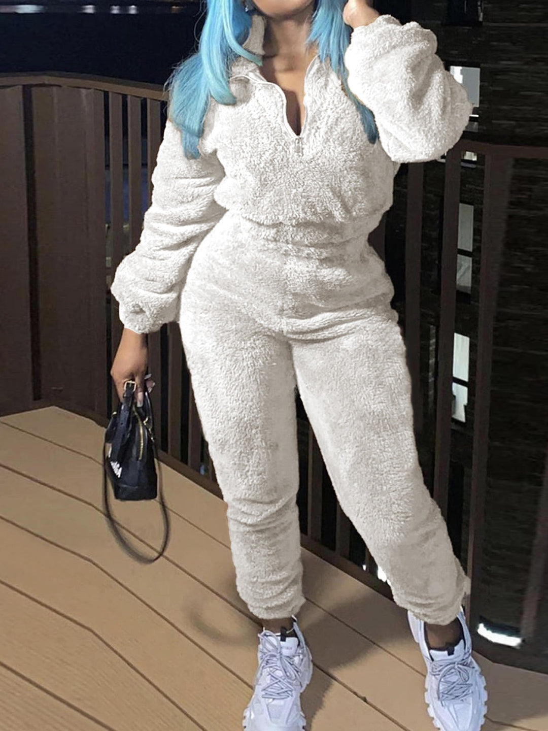 Women's cozy teddy lounge set with half zip and high-waist jogger Mune Fashion