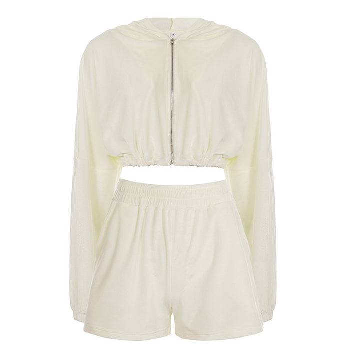 Women's cropped hoodie with drawstring at the waist, shiny satin look, front zipper and elastic cuffs Mune Fashion