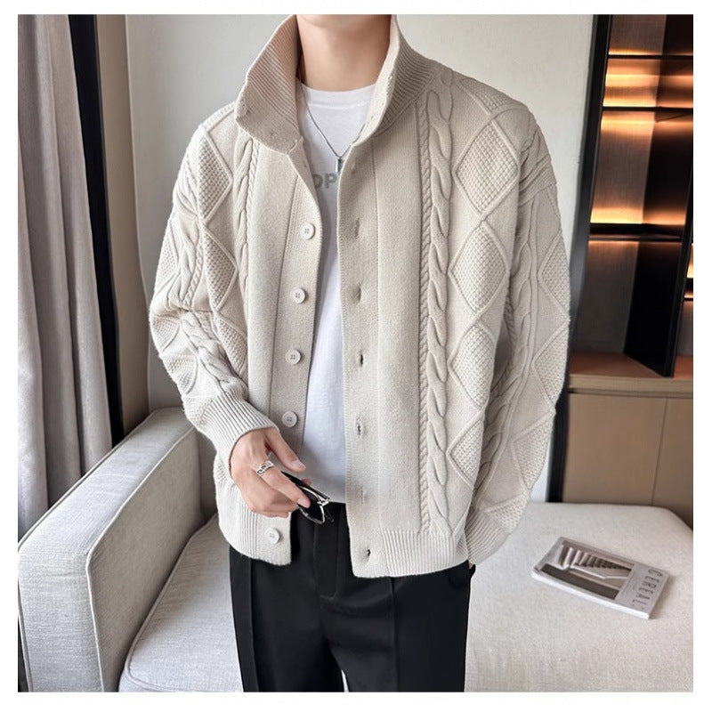 Men's Loose Knit Cardigan with High Stand-up Collar and Cable Pattern Mune Fashion