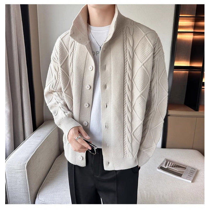 Men's Loose Knit Cardigan with High Stand-up Collar and Cable Pattern Mune Fashion