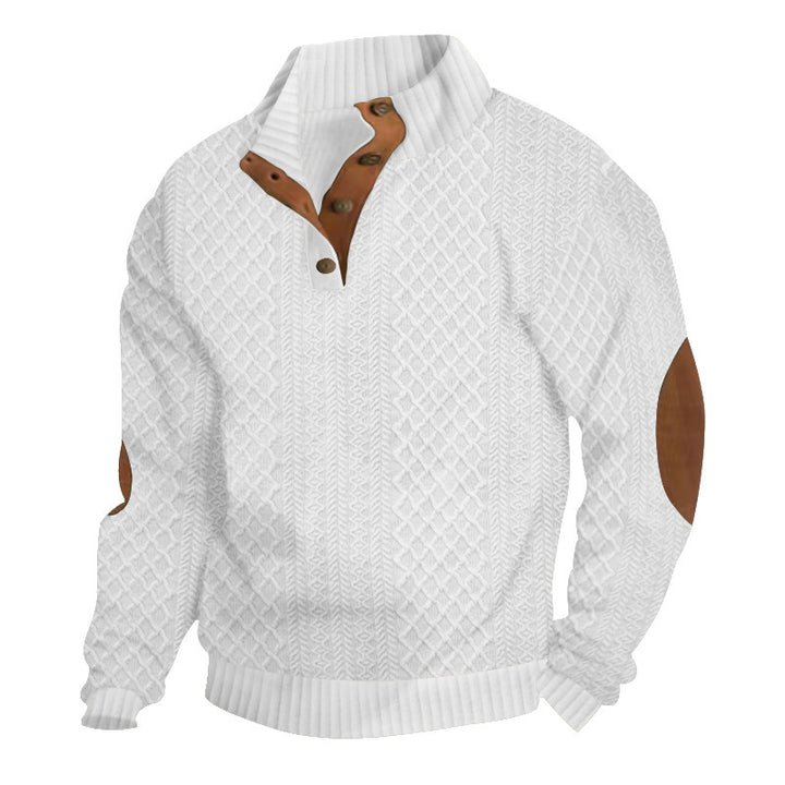 Men's coarse-knit pullover with standing collar, button placket, and elbow patches Mune Fashion