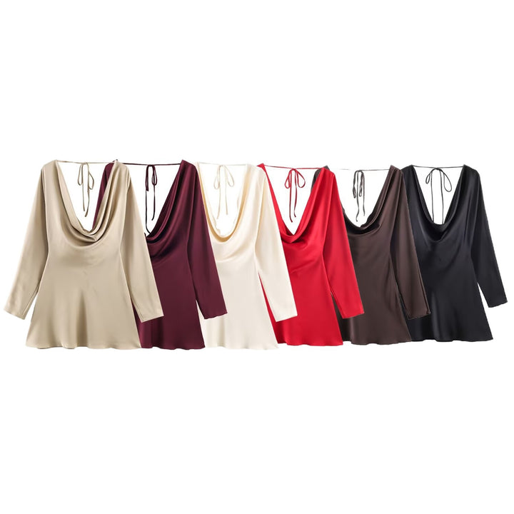 Women's Short Satin Mini Dress with Deep Waterfall Back, V-Neck Front, and Long Sleeves Mune Fashion
