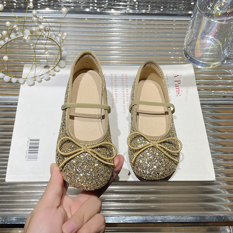 Girl Glittering Ballerinas with Decorative Bow Decoration Mune Fashion
