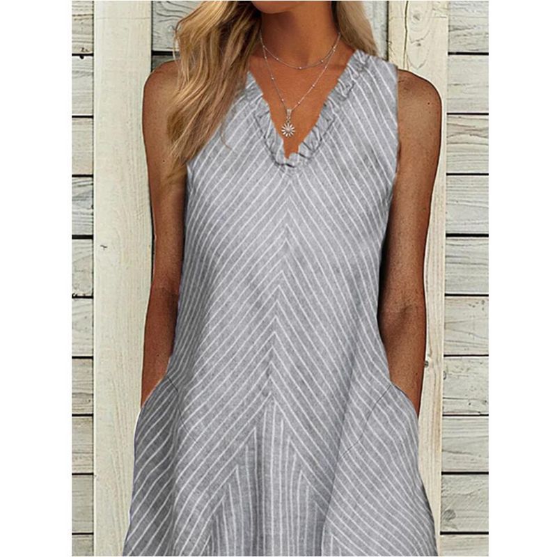 Women’s sleeveless A-line midi dress with ruffle V-neck, diagonal striped linen look and side pockets Mune Fashion