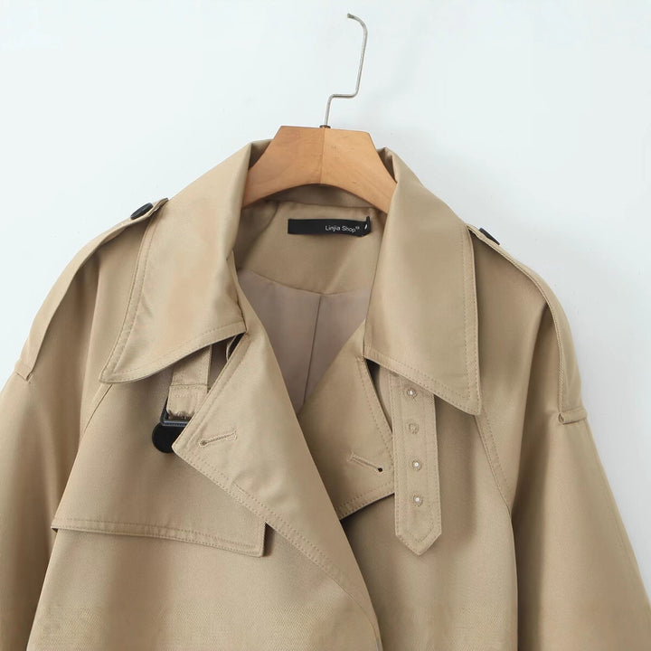 Women's Short Tailored Double-Breasted Trench with Cape Sleeves and Tie Belt Mune Fashion