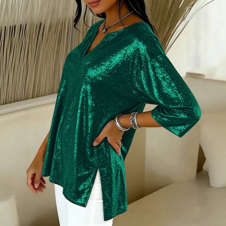 Ladies Shiny Oversize Tunic Shirt with V-Neck and Side Slits Mune Fashion
