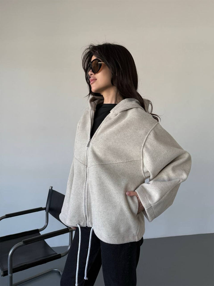 Women's Oversize Hoodie Jacket with Zipper and Drawstring Hem Mune Fashion