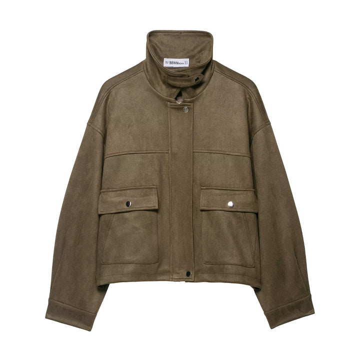 Women’s short jacket made of velour imitation with high funnel collar and flap pockets Mune Fashion