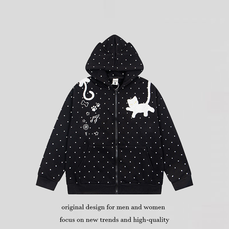 Women's hoodie sweatshirt jacket with cat ears, all-over polka dot and chenille cat applique Mune Fashion