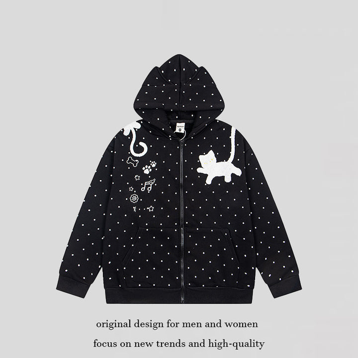 Women's hoodie sweatshirt jacket with cat ears, all-over polka dot and chenille cat applique Mune Fashion
