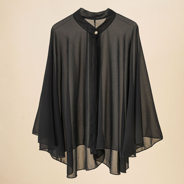 Women's Chiffon Cape with Bow Collar and Decorative Button Mune Fashion