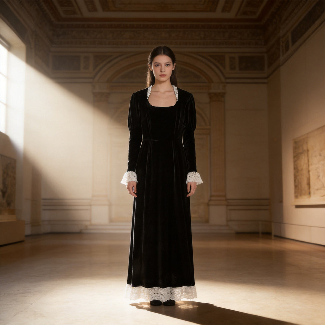 Ladies' velvet maxi dress with square neckline, lace trim, and puff sleeves Mune Fashion