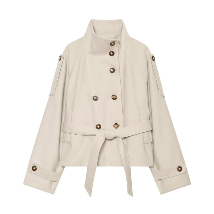 Women's short cape made of wool blend with high stand-up collar, double-breasted and tie belt Drune