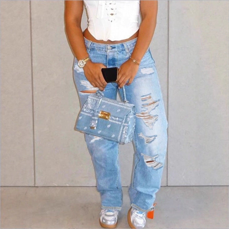 Women High-Waisted Relaxed-Fit Straight Jeans with pronounced Destroyed Details Mune Fashion