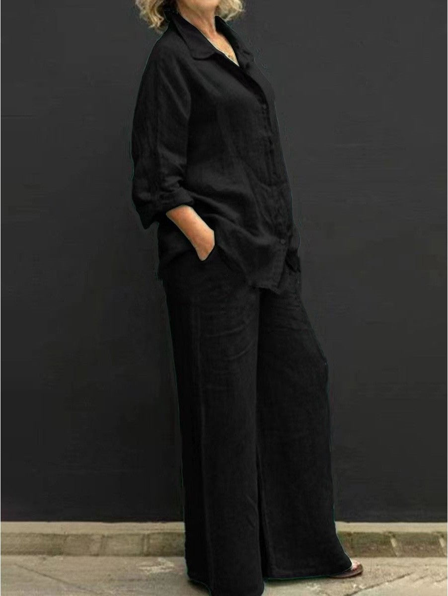 Women's Relaxed-Buttondown-Shirt and High-Waist-Palazzo in Linen Look Mune Fashion