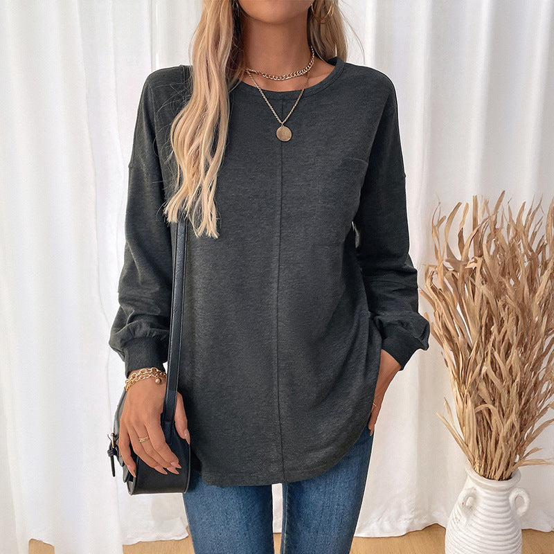 Women's Casual Long Sleeve Jersey Shirt with Central Decorative Seam, Round Neck & Rounded Hem Mune Fashion