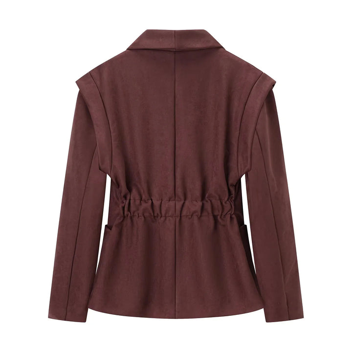 Women's elegant velour-look blazer with deep shawl collar, single-button closure, and large patch pockets Mune Fashion
