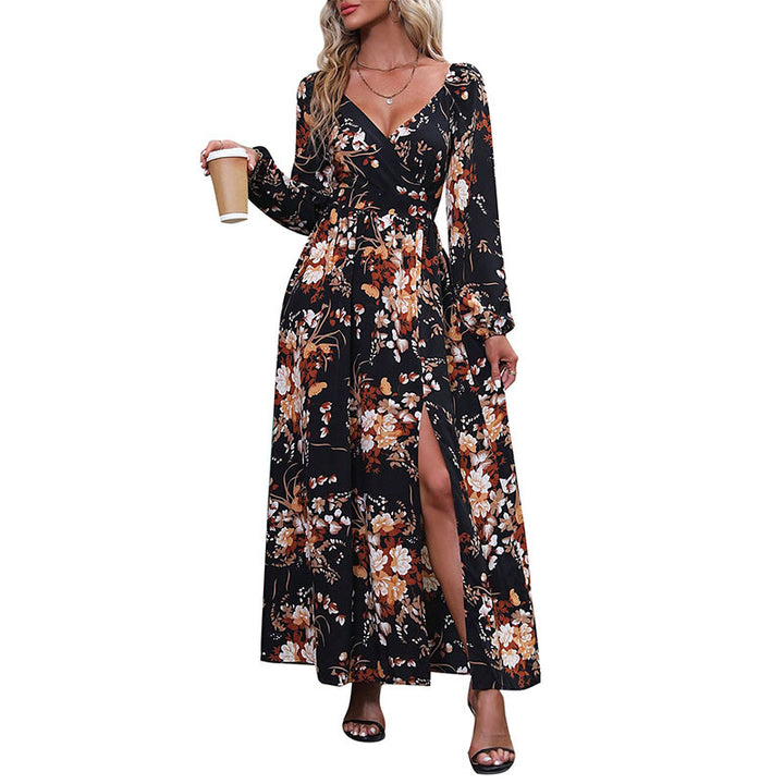 Women's Floral Maxi Dress with V-Neck and Ruffle Details Mune Fashion
