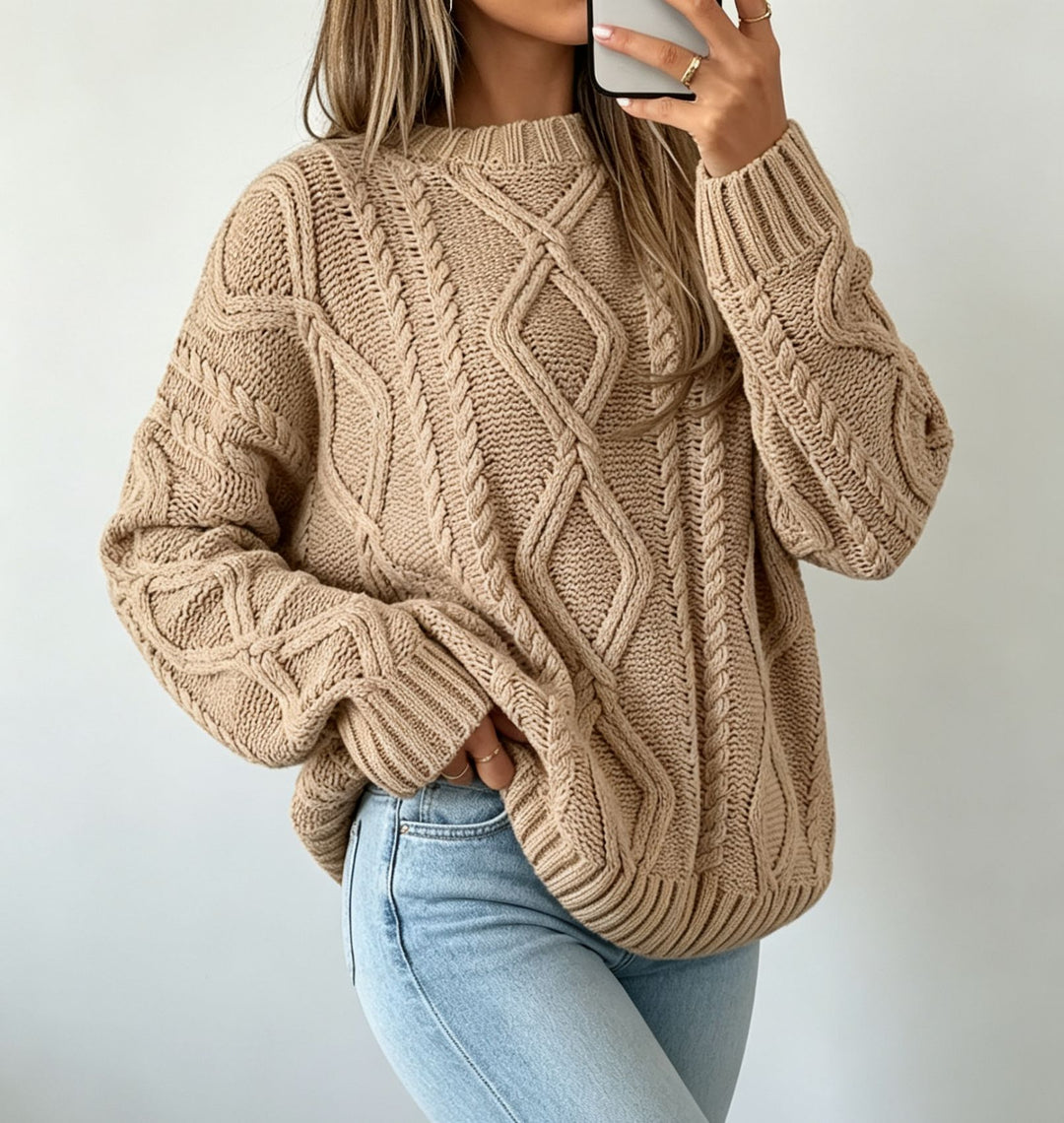 Women's Oversize Braided Knit Sweater with Cable Pattern and Round Neck Mune Fashion