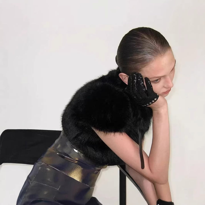 Women's Cropped Faux Fur Bolero with Voluminous Shawl Collar and Puff Sleeves Mune Fashion