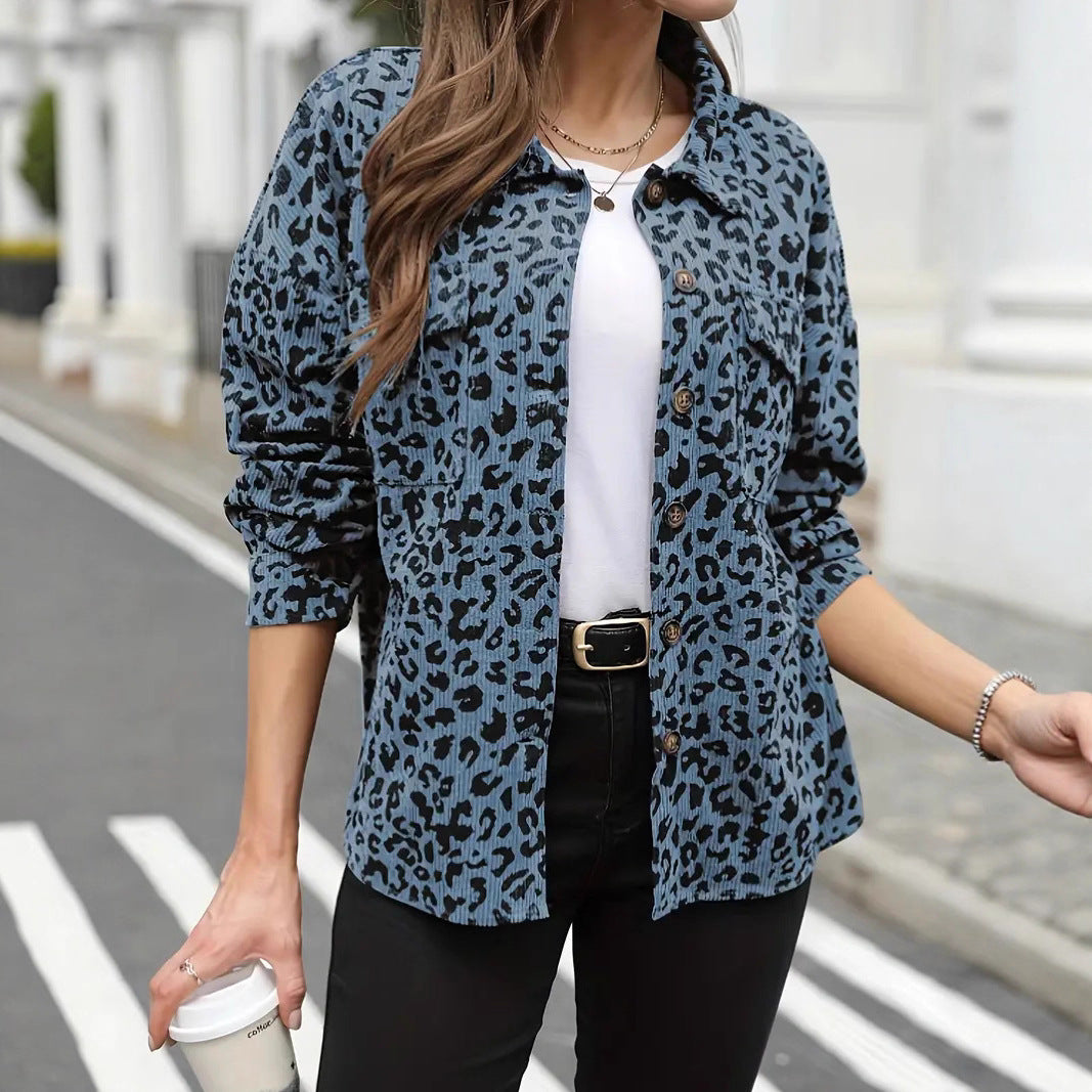 Women's Oversize Shirt Jacket in Cord Look with Leopard Print Mune Fashion