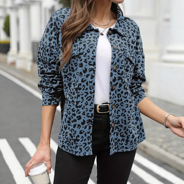 Women's Oversize Shirt Jacket in Cord Look with Leopard Print Mune Fashion