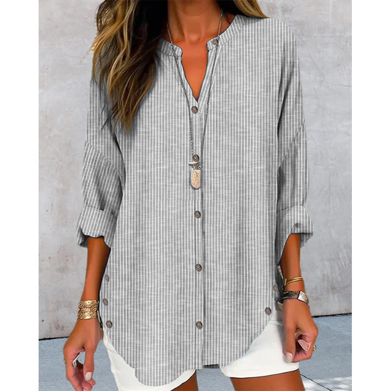 Ladies Oversize Linen Look Tunic Blouse with Stand Collar and Button Placket Mune Fashion