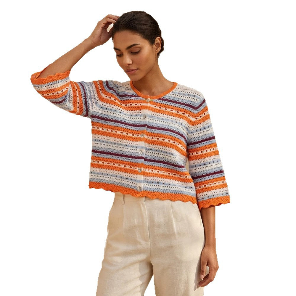 Women crocheted short jacket with shell hem, 3/4 sleeves & fine lace pattern Mune Fashion