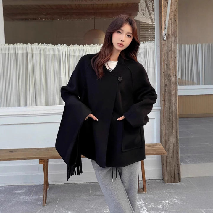 Women Oversize Wool Coat with Voluminous Shawl Collar and Fringes Mune Fashion