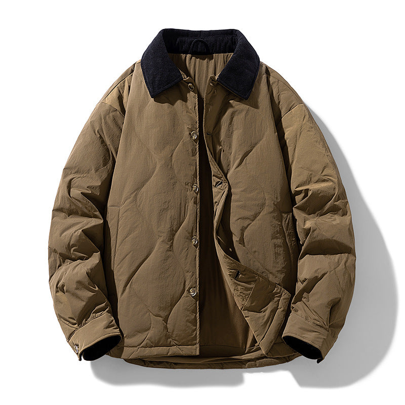 Men's Quilted Padded Jacket with Corduroy Collar and Button Placket Drune