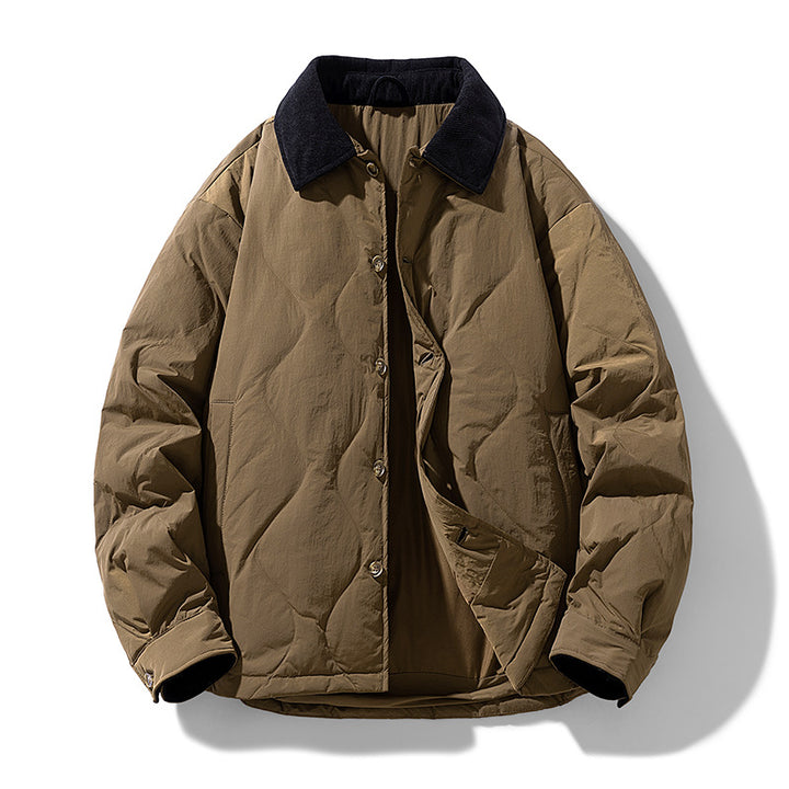 Men's Quilted Padded Jacket with Corduroy Collar and Button Placket Drune