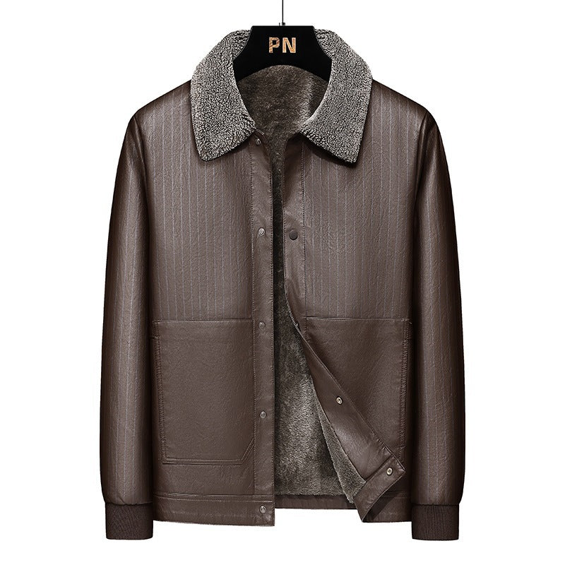 Men's Faux Leather Blouson with Sherpa Collar, Warm Teddy Lining and Pinstripe Detail Mune Fashion