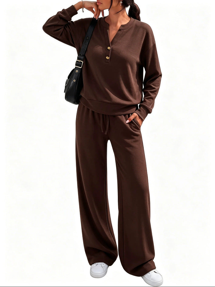 Ladies Lounge Set with Henley Collar and Palazzo Wide Jogging Pants Mune Fashion