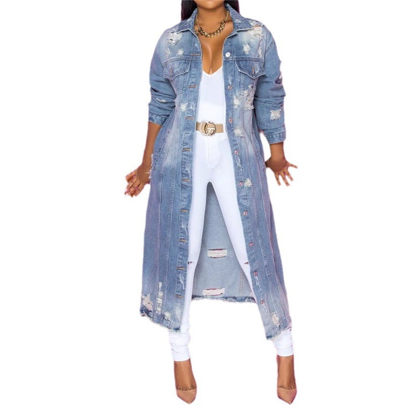 Ladies long-sleeved jeans maxi dress with button placket and used details Mune Fashion