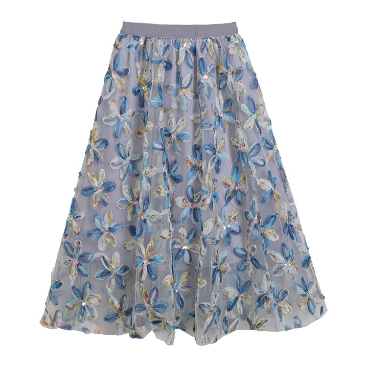 Women's embroidered A-line tulle skirt with 3D floral appliqué and high-waisted elastic waistband Mune Fashion