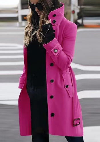 Women's tailored wool blend coat with stand-up collar, flap pockets, and adjustable waistband Mune Fashion