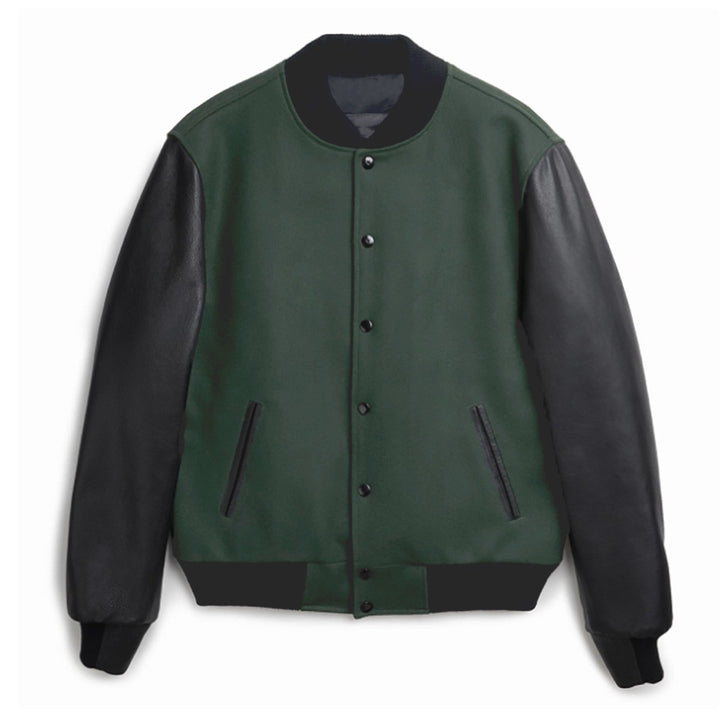 Men's varsity bomber jacket in college style with wool body and leather sleeves Mune Fashion