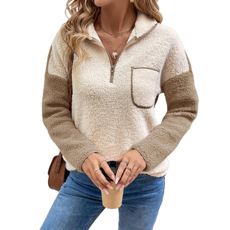 Women's Teddy Fleece Pullover with Half Zip, Contrast Sleeves and Chest Pocket Mune Fashion