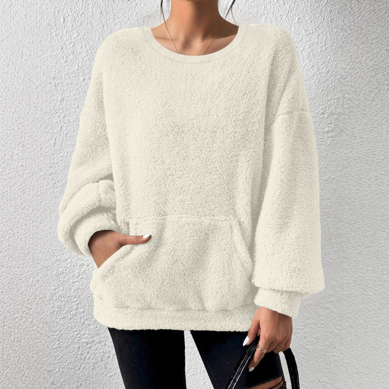 Ladies Cozy Oversized Sherpa Sweater with Kangaroo Pocket and Balloon Sleeves Mune Fashion
